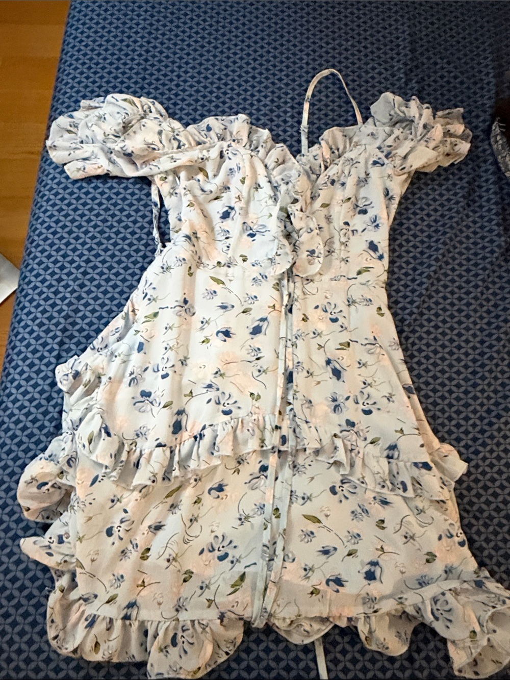 Girls White Floral Ruffle Sundress - Blue & Green Print